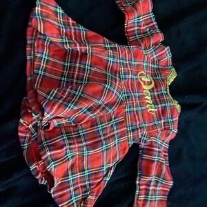 Red Plaid Holiday Dress with Gold Script